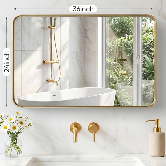 NEWBULIG 24X36 Inch Bathroom Mirror for Over Sink, Wall Vanity Mirrors Tempered Glass, Anti-Rust Metal Framed Rounded Rectangle, Hangs Horizontally or Vertically, Farmhouse Home Decor, Gold