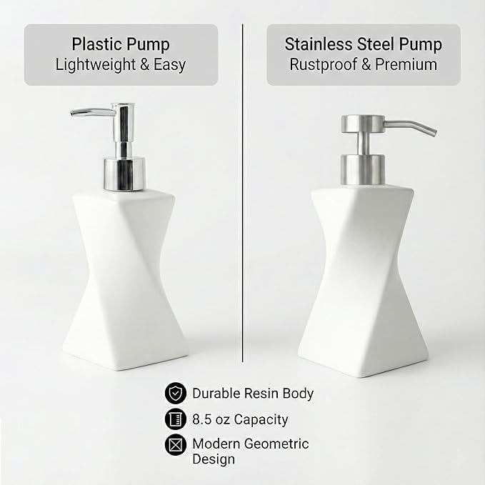 Modern White Hand Soap Dispenser with Stainless Steel Pump for Bathroom Countertop, Dish Soap Dispenser for Kitchen Sink, Contemporary Art Style, Matte Finish, 8.5oz (Arctic White)