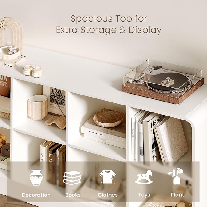 EXPERLAM White 8 Cube Storage Organizer with Rounded Edges and Reinforced Base, Low Horizontal Cube Bookshelf, Wooden Cube Shelf Bookcase for Living Room, Kids Room, Bedroom, TV Stand