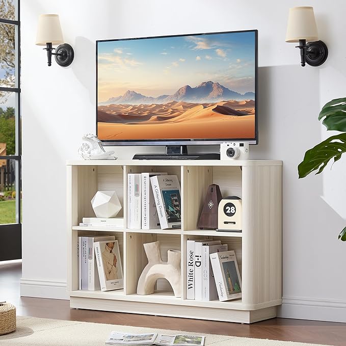 6 Cube Bookcase, 40" Wide Low Horizontal Book Shelf Curved Edge, Wood Floor Standing 2-Tier Bookshelf with Base, Modern Short Storage Cabinet Book Case for Bedroom,Office, Grey-White Cream Oak