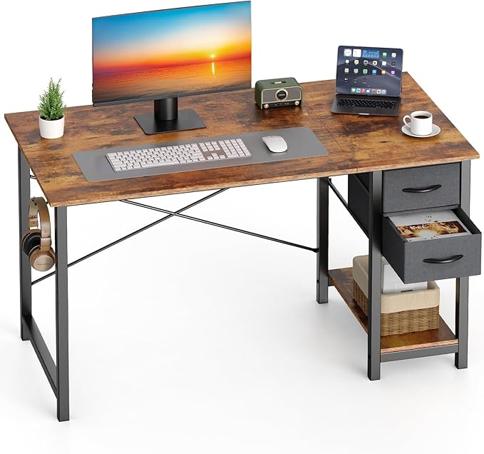 Sweetcrispy 40 Inch Computer Desk with Drawers for Home Office Writing Desk X Shaped Reinforcement Wood Surface Adjustable Position Modern Study Work Side Hook Metal Frame Storage Station Rust