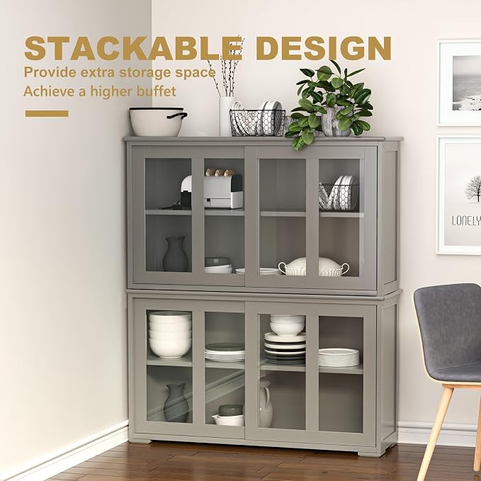 Byroce Sideboard Buffet Cabinet, Stackable Storage Coffee Bar Cabinet with Adjustable Shelf & Glass Sliding Doors, Wood Cupboard Credenza Console Table for Kitchen Dining Living Room (1, Grey)