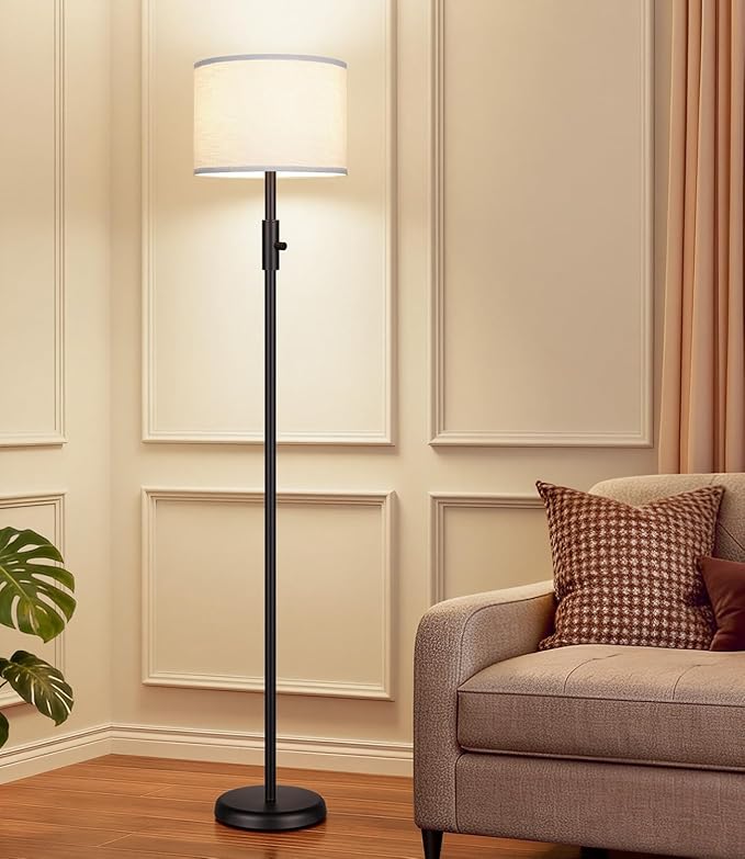 【Upgraded】 Dimmable Floor Lamp, Modern Floor Lamps Simple Design with White Shade for Living Room, Tall Standing Lamp for Bedroom Office Dining Room, Black Pole Lamp