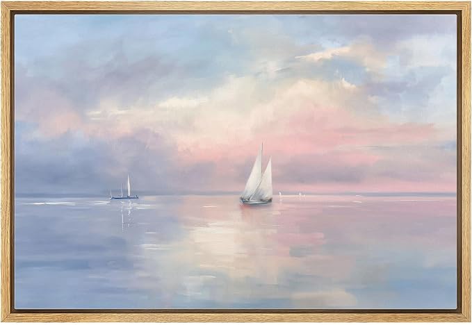MUDECOR Framed Canvas Print Wall Art Pastel Sailboats on Calm Sea Horizon Illustrations Minimalism Decorative Bohemian Zen for Living Room, Bedroom, Office - 16"x24" NATURAL