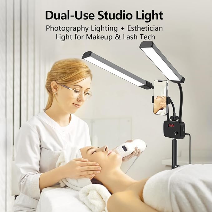 Selfie Light with 75'' Tripod Stand, Dimmable 3 Color LED Dual Arms Ring Light with Phone Holder & Carry Bag for Lash Tattoo Video Photography 45W 95CRI Tripod Floor Lamp
