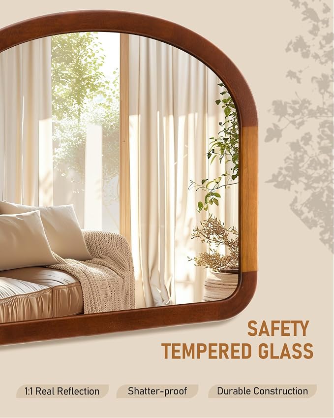 Arched Mirror 34 x 29 Inch,Brown Wood Rustic Bathroom Tempered Wall Mirror with Wood Frame,Round Corner Arch Farmhouse Wooden Vanity Mirror for Living Room,Entryway or Bedroom（Walnut Brown）