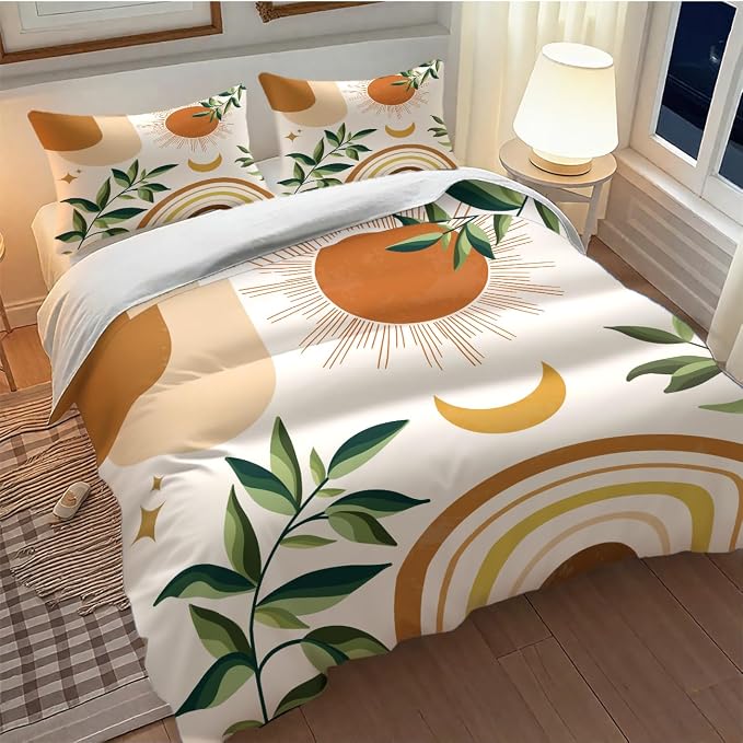 Mid Century Leaf Bedding Set,Boho Tropical Nature Plants Modern Minimalist Comforter Set with Pillowcase for Bedroom Bed Decor,Queen 90"x90"