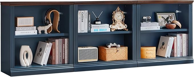 RWYHG 30" Blue Bookshelf Set of 3,2-Tier Thick Wood Book Shelf with Adjustable Shelve,Free Standing Farmhouse Bookcase with Open Display Storage,Floor Vintage Bookshelves for Living Room,Office