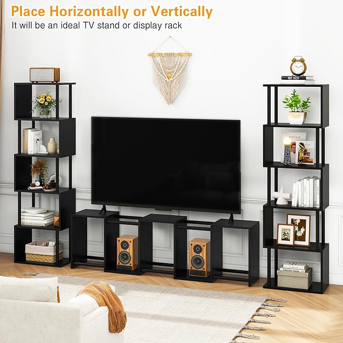 IBUYKE 6-Tier Tall Bookshelf,S-Shaped Geometric Bookcase, Wood Display Shelves with Storage,Modern Bookshelf for Living Room Bedroom, Home Office, Black WBC016B