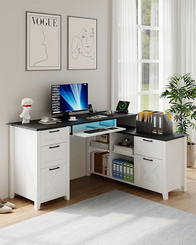 HOPUBUY Farmhouse Executive Desk with File Drawers,Wood Home Office Desk w/Charging Station,Adjustable Storage Cabinets,White Computer Writing Desk for Work,Study