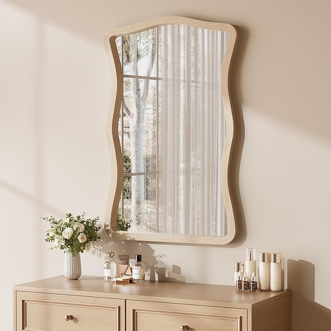 ULIKE Wavy Wall Mirror for Bathroom, 24x36 Wood Frame Mirror for Over Sink, Rustic Wall Mirrors Decorative and Vanity Mirrors for Bedroom Living Room Entryway, Natural