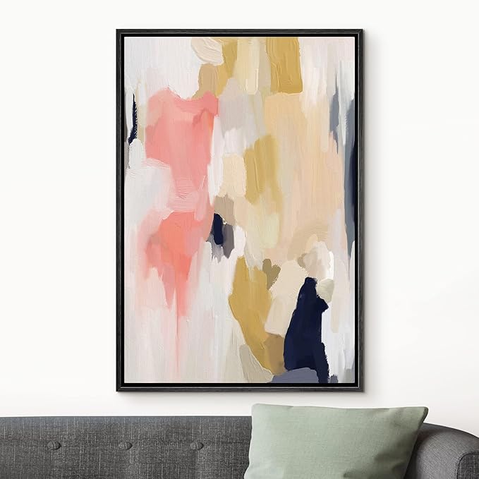 MUDECOR Framed Canvas Print Wall Art Pink Yellow Paint Stroke Collage Abstract Shapes Illustrations Minimalism Decorative Relax/Zen Colorful Nordic for Living Room, Bedroom, Office - 24"x36" Black