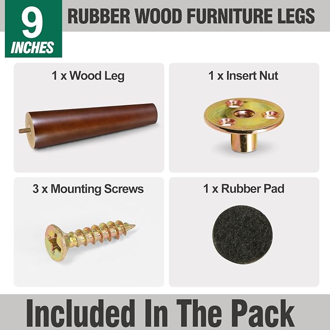 FoDau770 Brown Rubber Wood Furniture Legs 9 Inches, 5/16" UNC Straight Tapered Wood Feet Mid Century Sofa Legs, Wooden Furniture Feet Replacement Parts for Cabinet Couch Dresser Chair Ottoman Table