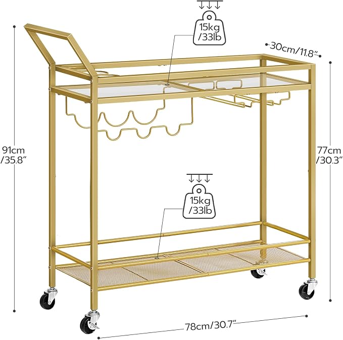HOOBRO Bar Cart for The Home, Gold Bar Cart, 2-Tier Home Bar Serving Cart with Wine Rack and Glass Holder, Bar Carts with for Bar, Kitchen, Dining Room, Living Room, Gold GD11TC01