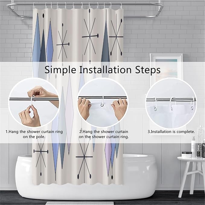 Mid Century Turquoise Shower Curtain Abstract Grey Blue Diamond Geometric Atomic Starburst Pattern Beige Backdrop for 1950s Retro Bathroom Decor Shower Curtain Set with 12 Hooks, 72x72 Inches