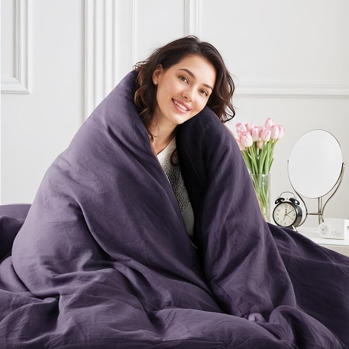 NEXHOME PRO 100% Washed Cotton Duvet Cover Twin Size, Ogranic Natural Linen Feel Breathable Bedding Set with Zipper Closure, 2 Pieces Duvet Cover Set Eggplant (No Comfortert) 6890