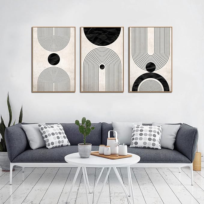 Framed Wall Art Canvas Set Mid Century Boho Pictures Modern Abstract Geometric Wall Decor Minimalist Black Beige Bohemian Canvas Painting Artwork for Living Room Bedroom Office 24"x36"x3 Natural