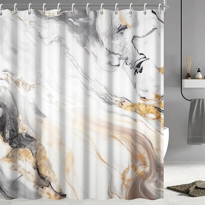 Grey and White Shower Curtain, Modern Grey Marble Shower Curtain for Bathroom Aesthetic Waterproof Shower Curtain Set with Hooks, 72x96 Inch
