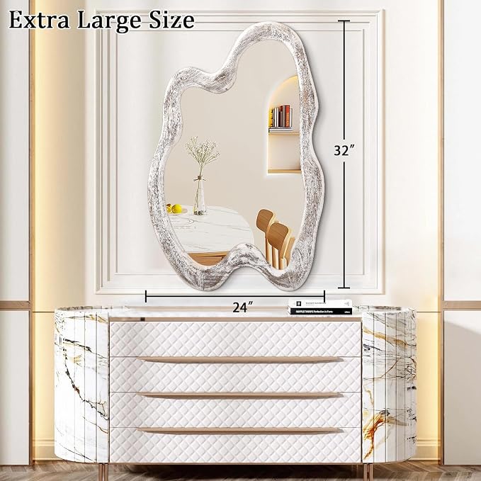 AAZZKANG Irregular Wooden Wall Mirror 32"x24" Large Asymmetrical Mirror Decorative Vintage Irregular Mirror for Bedroom Living Room Entryway