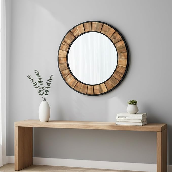 ZIYOO Round Wood Mirror 30", Metal & Wooden Frame Decorative Wall Mirror for Bathroom Vanity, Bedroom Living Room Entryway (Wood and Metal,30")