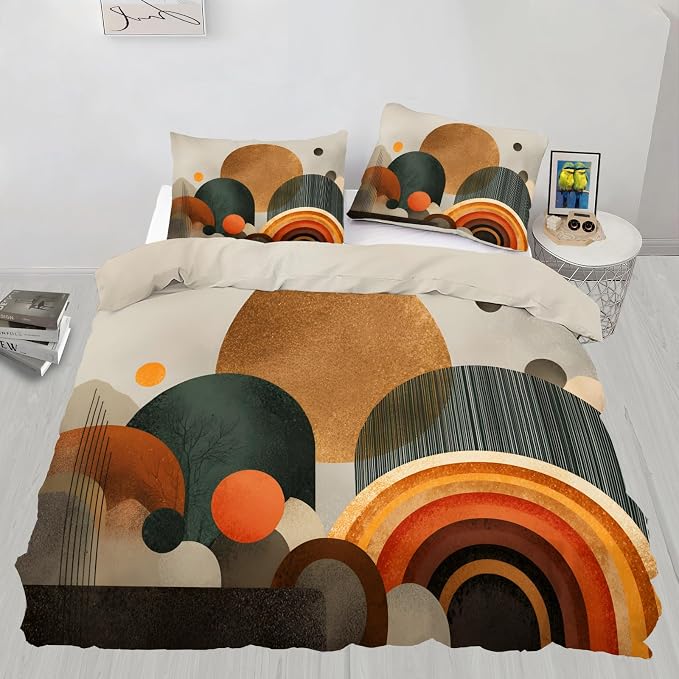 Mid Century Modern Duvet Cover Twin Size, Sun Boho Abstract Bedding Set 3 Piece, Minimalist Geometric Patterned Comforter Cover with Zipper Soft Microfiber, 2 Pillowcases