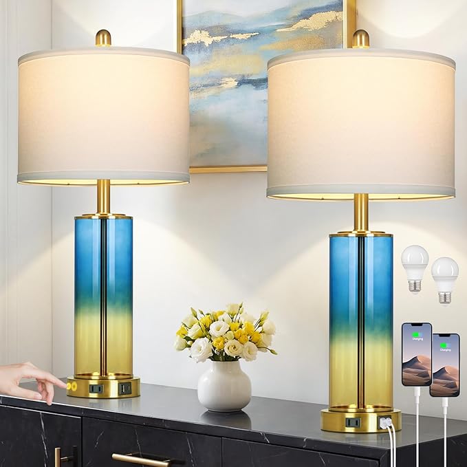 Ruzectt 26" Blue and Gold Glass Lamps Set of 2, 3-Way Dimmable Touch Coastal Bedroom Table Lamp with USB C+A Ports & AC Outlet, Elegant Brass Living Room Lamp, Nautical Bedside Lamps for Night Stands