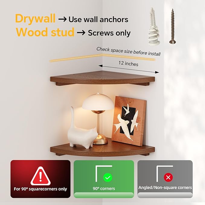 Floating Corner Shelves Walnut 12", Solid Oak Wall Mounted Wooden Display Storage Rack with Wire Hole for Plants, Photos, Speakers, Bedroom, Kitchen, Living Room Décor - 1-Pack