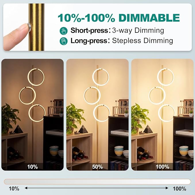 Bairth Gold Floor Lamp with 3 Lights, Modern LED Tree Floor Lamp for Living Room, 17W Stepless Dimmable Tall Standing Lamp with 3 Detachable Circular Lights for Reading, Bedroom, Office, Antique Brass