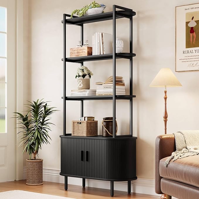 4 Tier Tall Bookshelf with Cabinet, Fluted Bookcase with Sliding Door, Metal and Wood Display Shelf, Free Standing Storage Shelving Unit, Corner Storage Organizer for Living Room, Home Office, Black