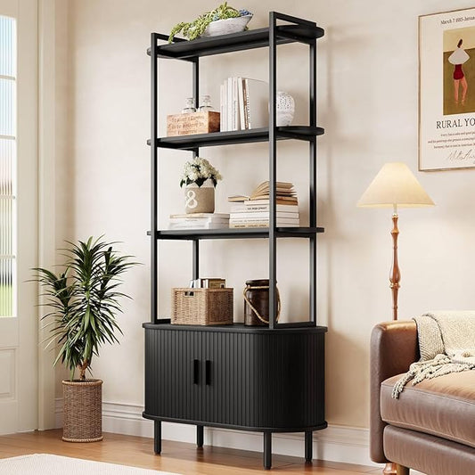 4 Tier Tall Bookshelf with Cabinet, Fluted Bookcase with Sliding Door, Metal and Wood Display Shelf, Free Standing Storage Shelving Unit, Corner Storage Organizer for Living Room, Home Office, Black