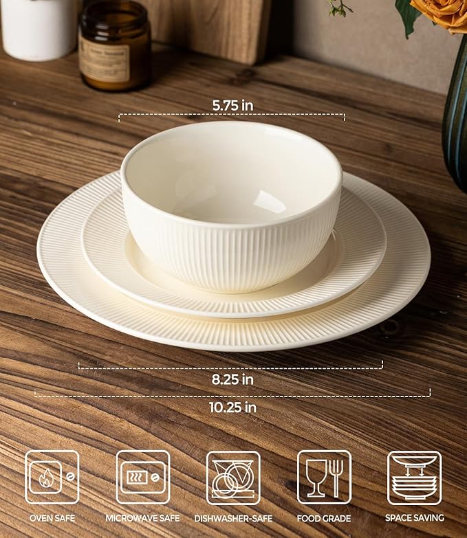 TheTerra Stoneware Dinnerware Sets for 4, 12 Pieces Ceramic Plates and Bowls Sets, Scratch Resistant Embossed Dish Set, Oven, Microwave & Dishwasher Safe, Beige