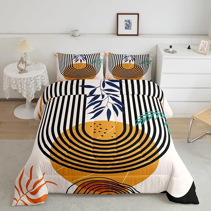 Mid Century Bedding Twin Swirl Line Comforter Set, Vintage Minimalit Bedding Comforter Sets Modern Artwork Duvet Insert, Abstract Circle Spiral Down Comforter Lightweight for All Seasons