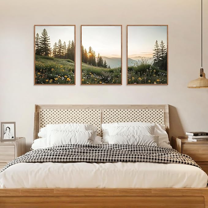 FWIEXA Green Forest Mountain Framed Canvas Wall Art Set, Wildflower Meadow Wall Decor, Floral Pictures Artwork, Nature Sunset Landscape Art Prints for Living Room, Bedroom, Office - Size 24"x36"x3