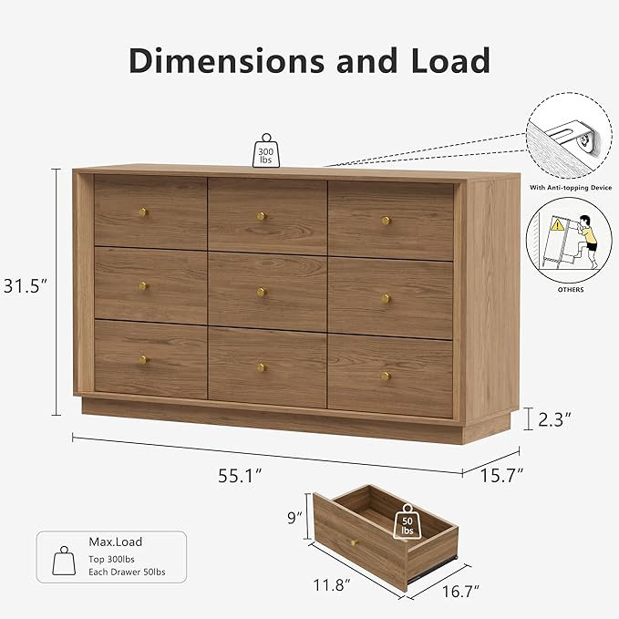 9 Drawer Dresser, Mid Century Modern Dresser with Storage, 55" Wide Chest of Drawers with Wood Grain Texture, Dressers TV Stand for Bedroom, Living Room, Hallway, Walnut