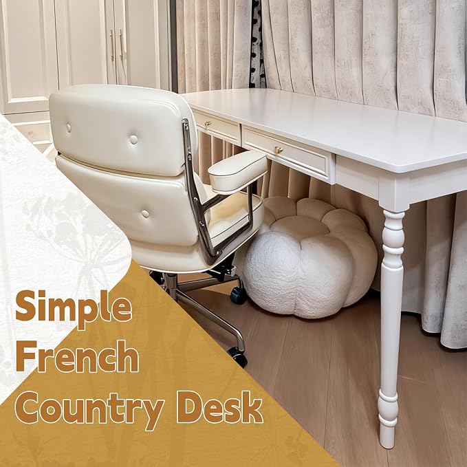 Solid Wood French Country Desk,Writing Desk with Storage Drawers,Farmhouse Computer Table Makeup Table Modern Simple Style,for Home Office Living Room Study Workspace Bedroom (White, 47.2IN)