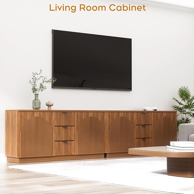 Yechen 67" Walnut Fluted Sideboard Buffet Cabinet with 4 Arched Reeded Design Doors &3 Drawers, Mid Century Modern Credenza Storage Cabinet with Adjustable Shelves, for Living Room Dinning Hallway