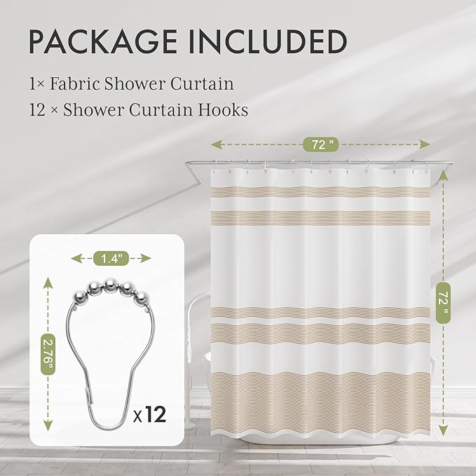 AmazerBath Shower Curtain, 72x72 Washable Cloth Neutral Light Tan Shower Curtain with 12 Hooks, Fabric Khaki and White Striped Set, Farmhouse Bathroom Shower Curtain