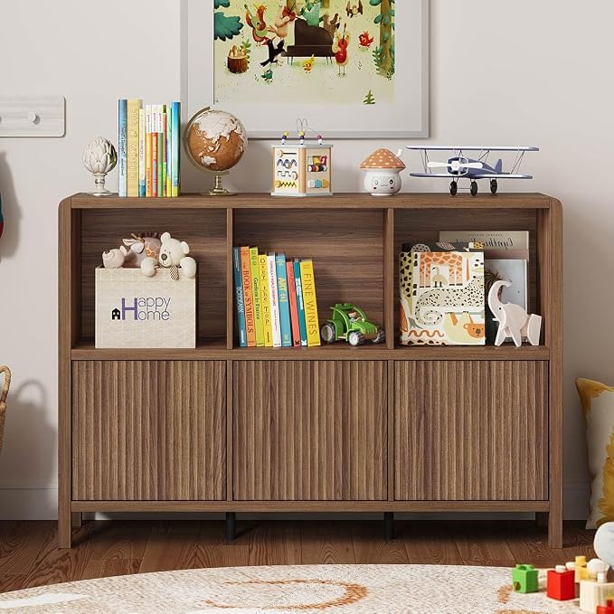 FATORRI 6 Horizontal Bookcase with 3 Doors, Low Farmhouse Cube Storage Organizer, Wood Bookshelf for Home Office, Bedroom, Living Room (Walnut)