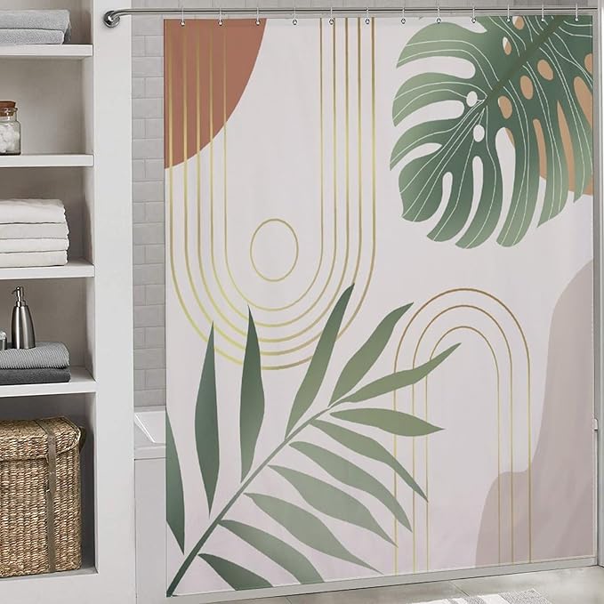 Boho Mid Century Shower Curtain,Modern Abstract Plant Botanical Palm Leaf Minimalist Bathroom Curtain Polyester Waterproof Fabric Decor 72x72in（183x183cm）