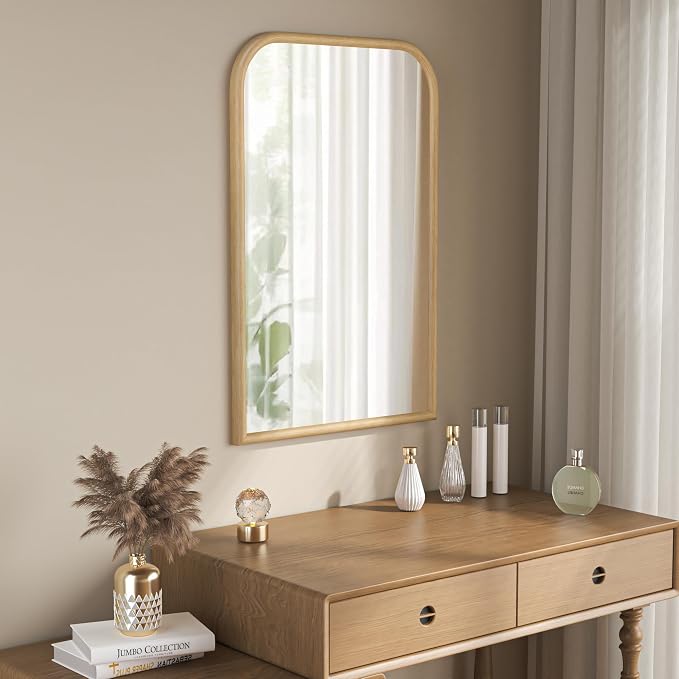 24"x36" Arch Wall Mirror for Wall, Wall Mounted Vanity Mirror for Bedroom, Wood Grain Finish Frame Mirror with Tempered Glass, Vintage Decorative for Bathroom, Entryway, Living Room, Natural