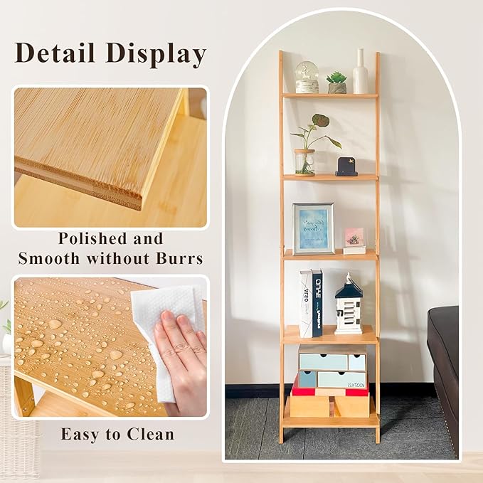 Wall Leaning Ladder Shelf Bookcase,5-Tier Bamboo Storage Rack Shelvest,FreeStanding Plant Stand, Corner Display Shelves for Living Room, Bathroom, Kitchen, Office(65in)