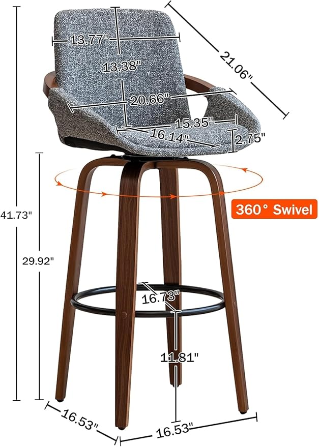 LUNLING 25.6" Counter Height Barstools Mid Century Modern Retro Bar Chairs Charcoal Grey Linen Look Fabric Upholstered and Walnut Wood Frame for Home Bar Furniture(Grey,1PCS)