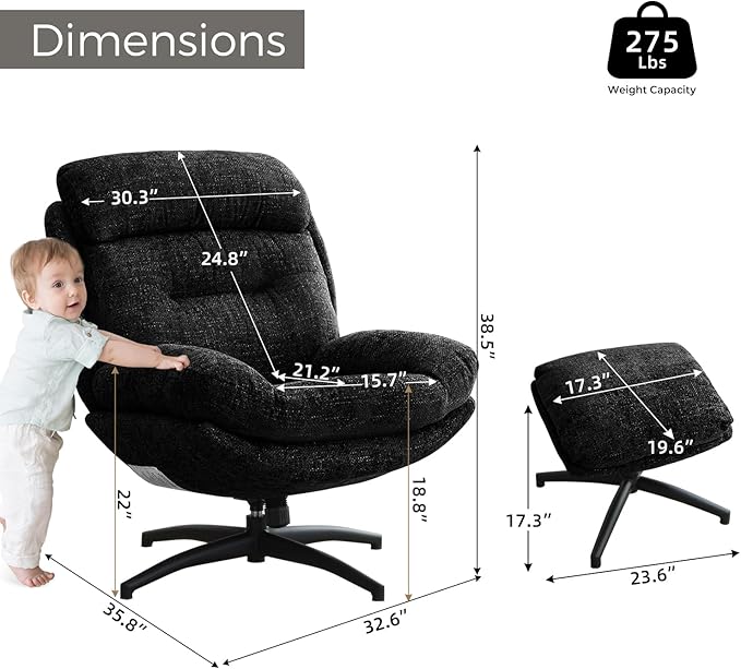 Swivel Accent Chair with Ottoman Set for Living Room, Modern Armchair with High Back, 360 Swivel, Tilt, Ergonomic, Black