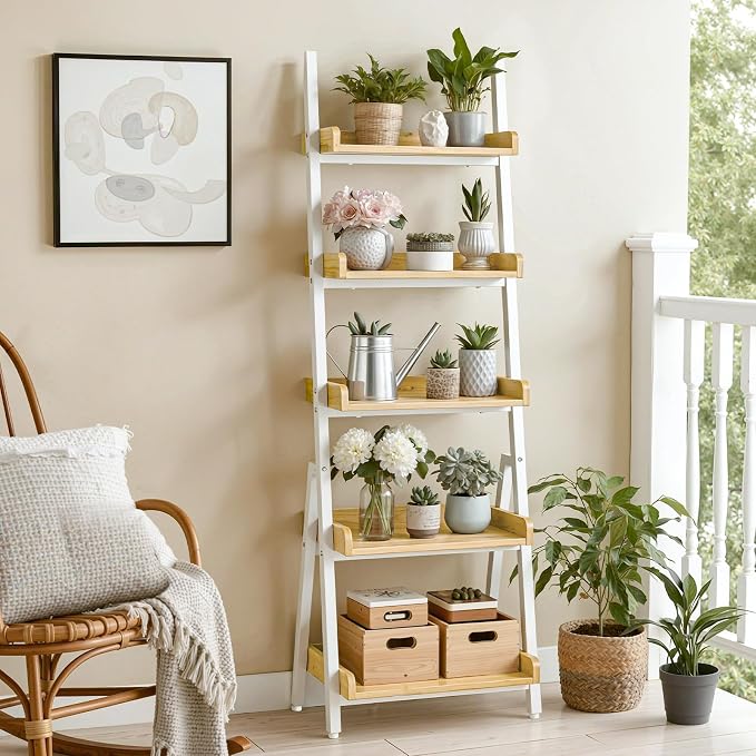 HOOBRO Small Bookcase, Ladder Shelf, 5-Tier Wall-Leaning Shelf, Freestanding Storage Rack, Display Stand, for Living Room, Home Office, Balcony, Bedroom, White and Natural WN151CJ01