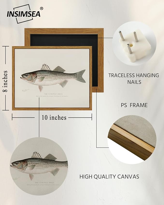 InSimSea Vintage Framed Wall Art for Living Room, Striped bass Canvas Decor, Minimalism Artwork Prints, Animals Oil Painting Wall Decor Gallery Picture, for Bathroom Bedroom Kitchen 10L x 8W