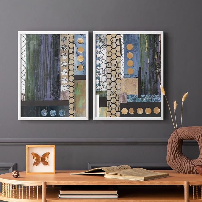 Renditions Gallery Set of 2 Peel & Stick Framed Prints, Geometric Abstract Wall Art, Hexagonal and Circular Pattern Wall Decor, Re-Stickable - Ready to Hang - 22"x28" - White Frame LT588