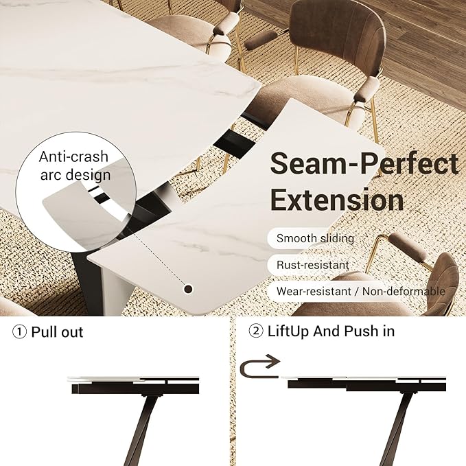 Extendable Dining Table with Leaf, 78"-110" Rectangular Sintered Stone, Marble-Look Top, Seats 6-14, Metal Base, Easy-Clean, Heat & Scratch Resistant, Dining Room/Kitchen Table for Family Gatherings
