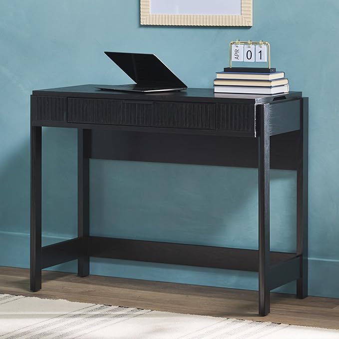 Walker Edison Transitional Style Furniture, Reeded Detail, Lift-Top Desk with Drawer and Storage Cubby, Sitting to Standing Desk, Soft Self-Close Desktop, 38 Inch, Black