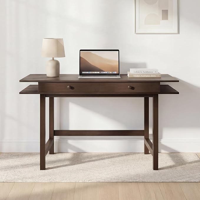 Double-Top Solid Wood Desk - 48-Inch Mid-Century Modern Writing Table with Drawers for Home Office, Study, and Creation, Rubberwood Computer Desk in Black Walnut