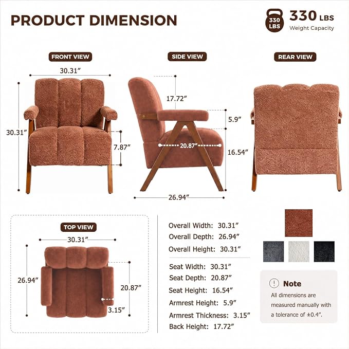 Mid Century Modern Accent Chair with Solid Oak Wood Frame, Upholstered Chenille Lounge Chair with Ergonomic Backrest and Thick Cushion for Living Room Bedroom Balcony, Set of 2, Rust Red